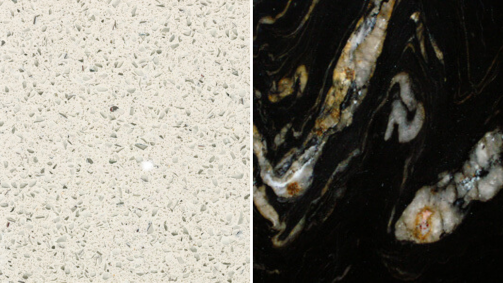 Granite stone slabs white with silver specks and black with white and brown marbling