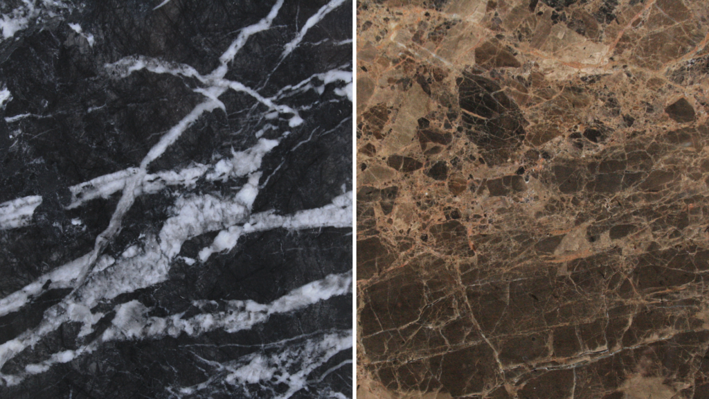 Marble stone slabs black with white veins and brown and black
