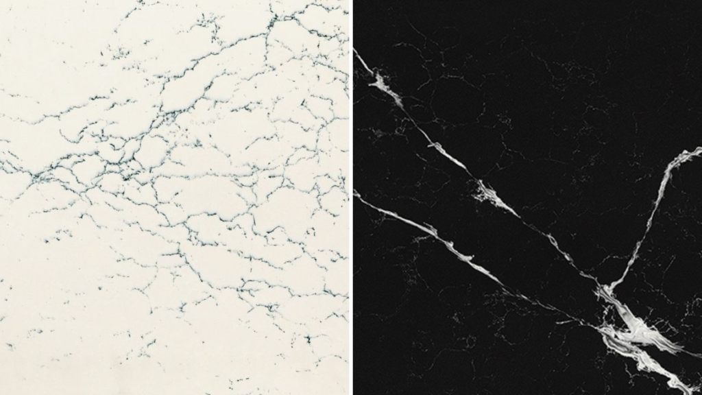 Quartz slabs white with blue veins and black with white veins