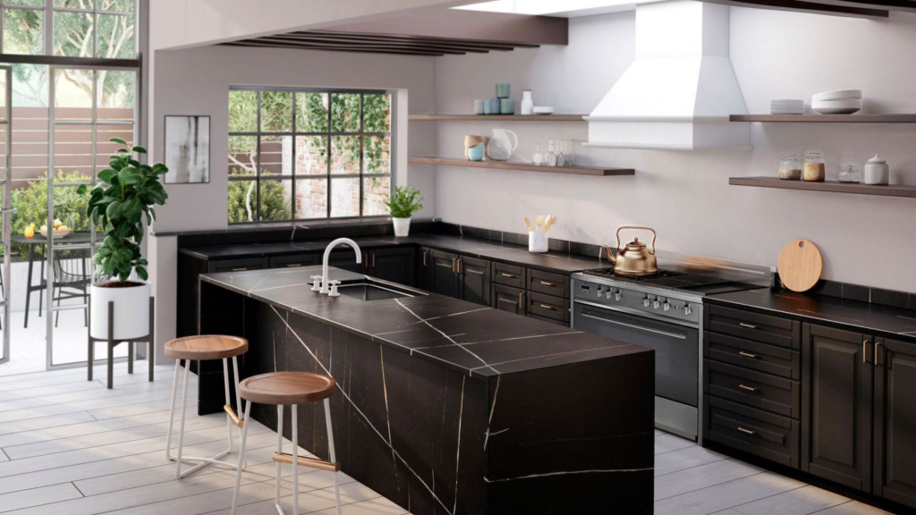 Quartz Kitchen Worktops, Engineered Stone, Kitchen Design Ideas, Black surfaces, Sleek Kitchens